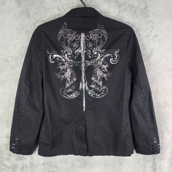 Mens Black G by Guess Blazer Jacket 2 Button Graphic Back 100% Cotton Size L - Picture 6 of 9